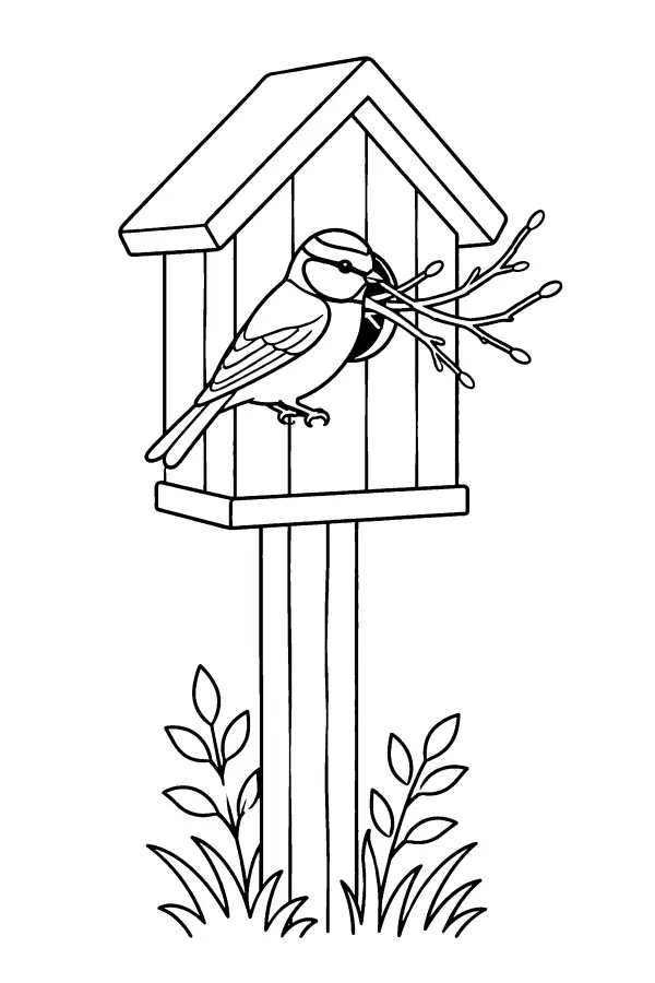 Coloriage de nichoir de printemps avec oiseau