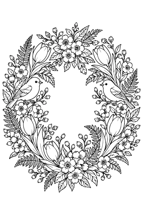 Dessin à colorier de couronne fleurie de printemps