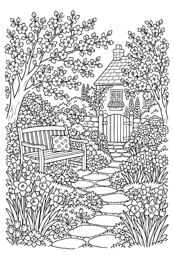 Coloriage détaillé d’allée fleurie de printemps