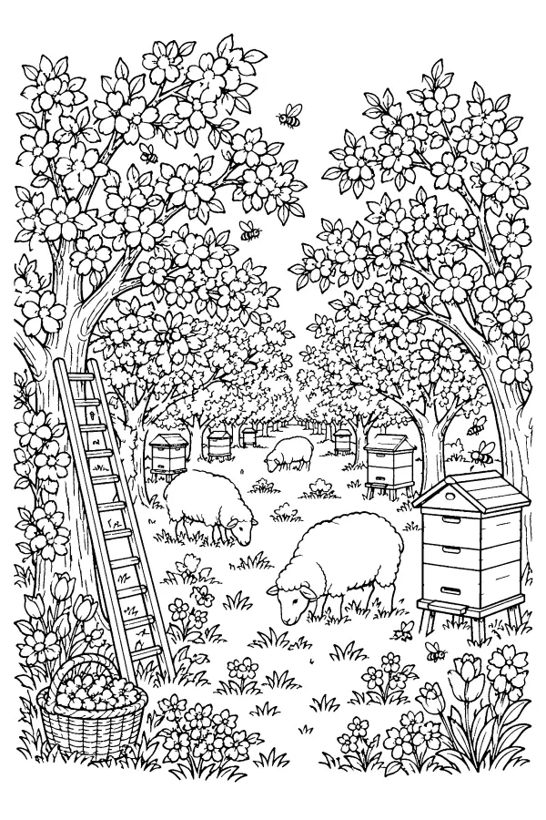 Coloriage détaillé de verger en fleurs de printemps