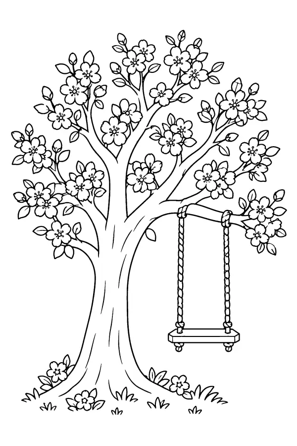 Coloriage d’arbre fleuri de printemps à balançoire
