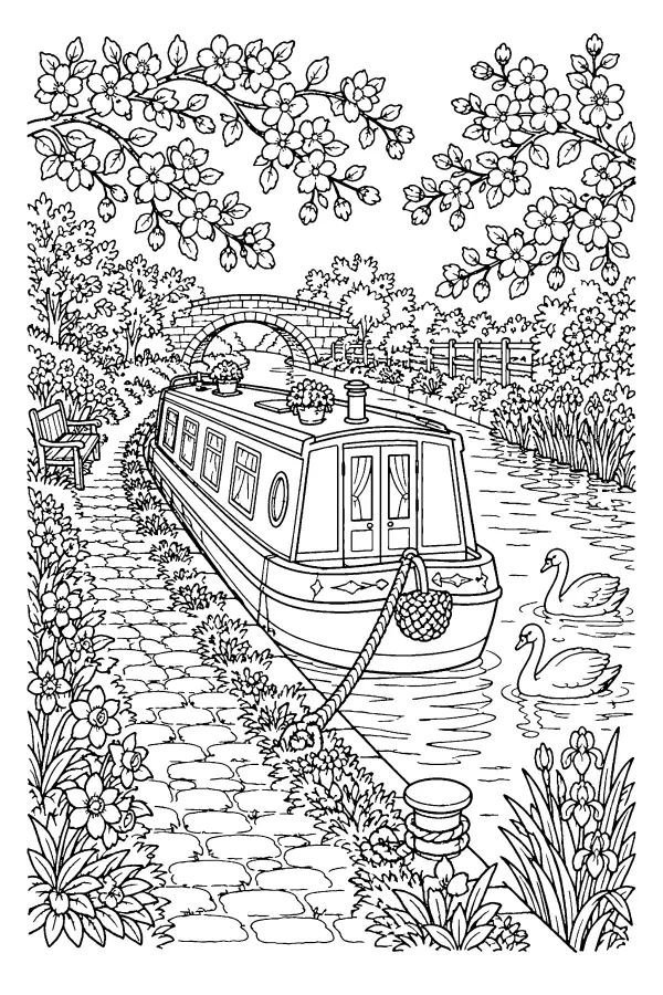 Coloriage détaillé de péniche de printemps sur le canal