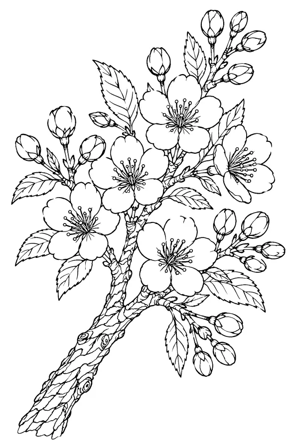 Coloriage détaillé de branche de cerisier de printemps