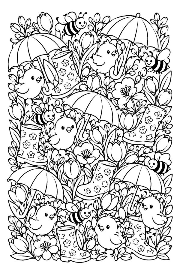 Coloriage détaillé de motifs de printemps mêlés