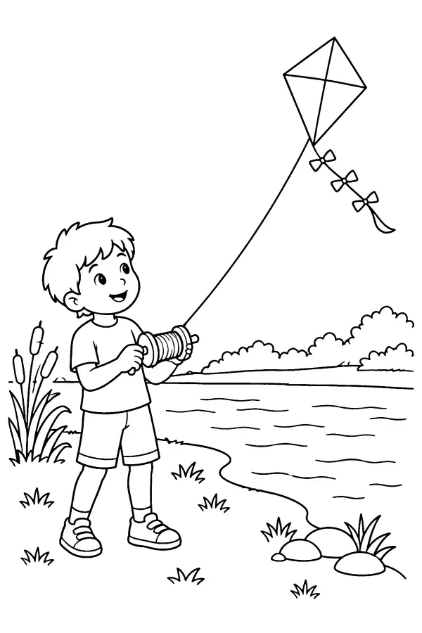 Dessin à colorier d’enfant au cerf-volant de printemps