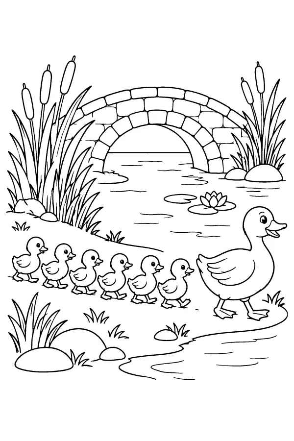Dessin à colorier de famille de canards de printemps