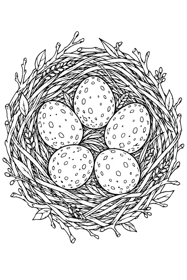 Coloriage détaillé de nid de printemps à cinq œufs