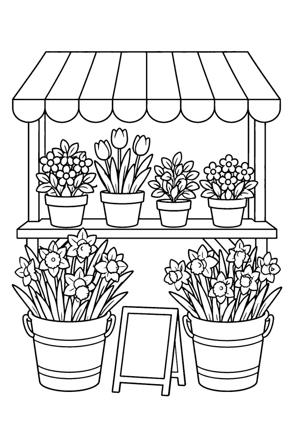Coloriage d’un étal de fleurs de printemps au marché
