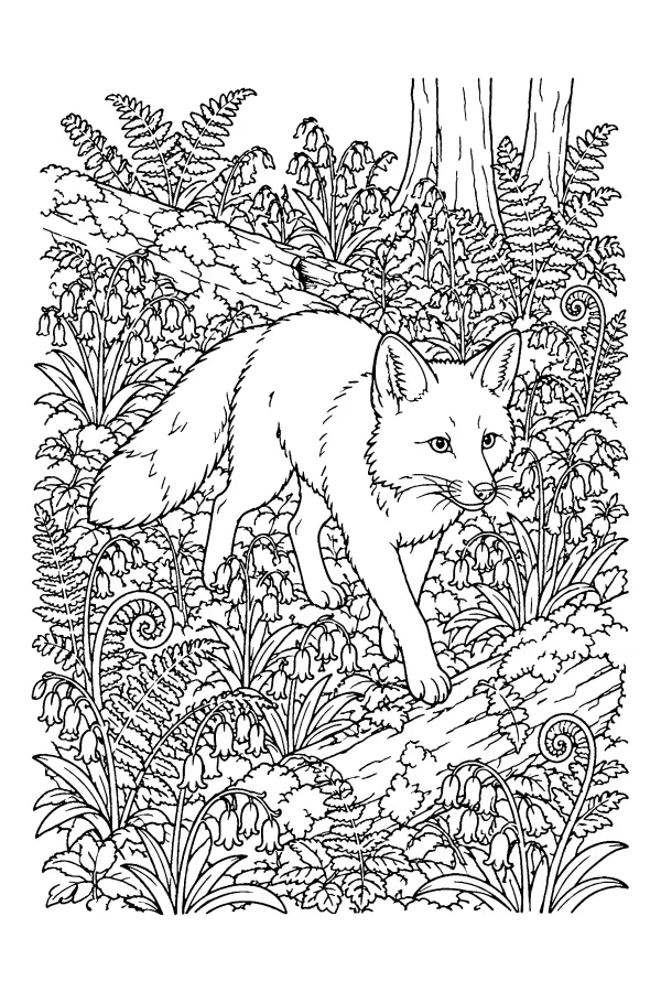 Dessin à colorier de renard de printemps dans les jacinthes