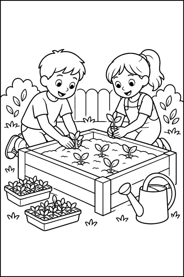 Coloriage d’enfants plantant au jardin de printemps