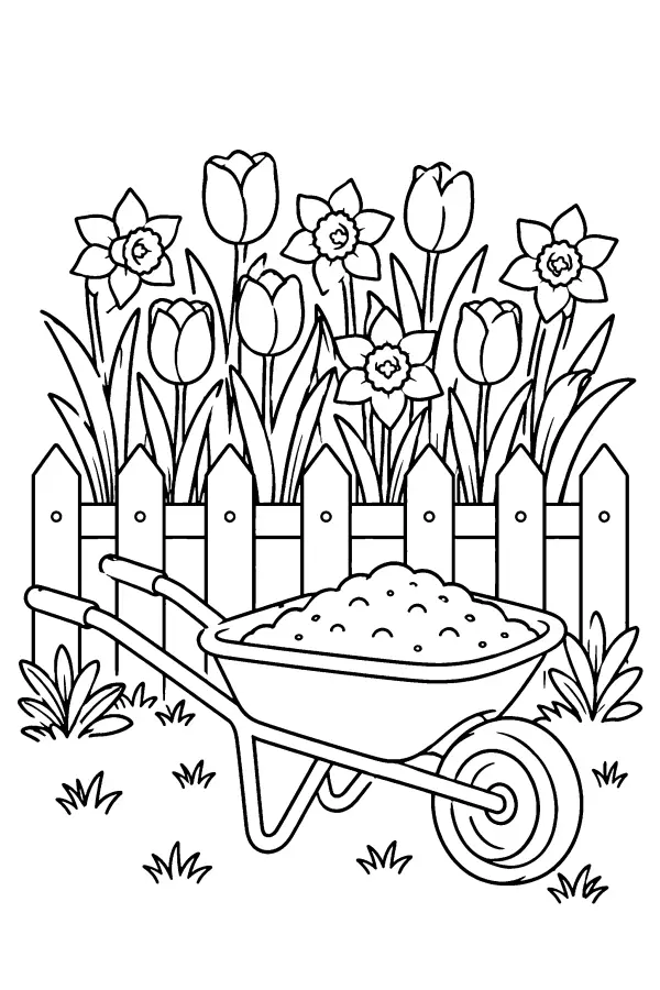 Dessin à colorier de massif de tulipes de printemps