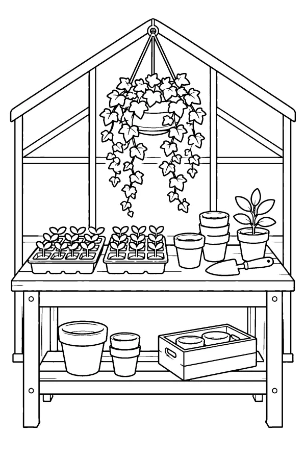 Dessin à colorier de banc de serre de printemps
