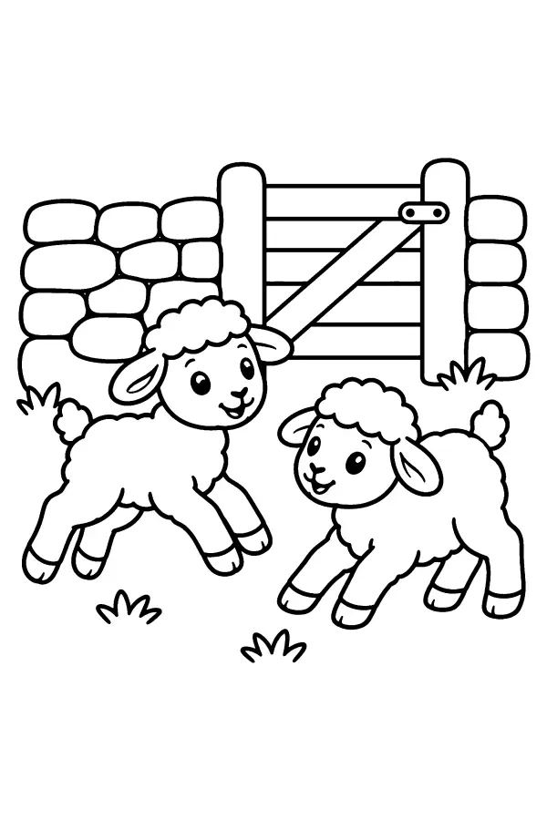 Coloriage d’agneaux de printemps près du portail