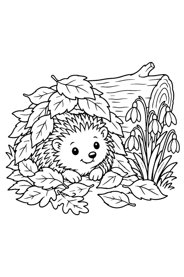 Coloriage de hérisson de printemps sous les feuilles