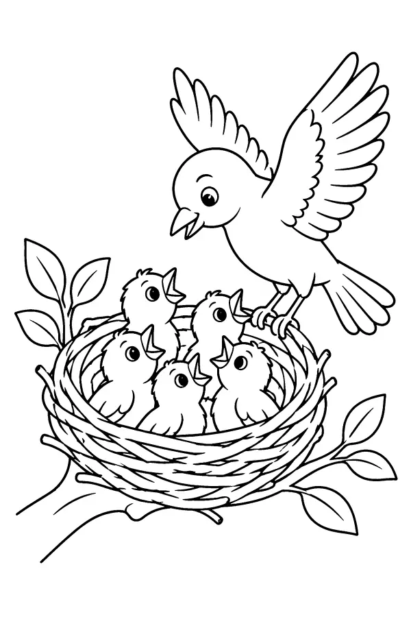 Coloriage de nid de poussins de printemps