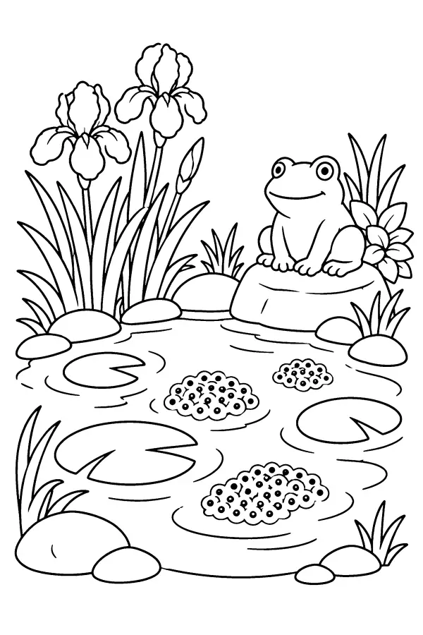 Coloriage de bord d’étang de printemps avec grenouille
