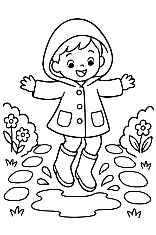 Coloriage d’enfant sautant dans une flaque de printemps