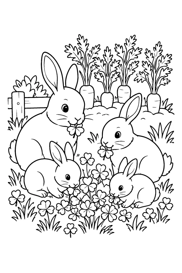 Dessin à colorier de lapins de printemps dans le trèfle