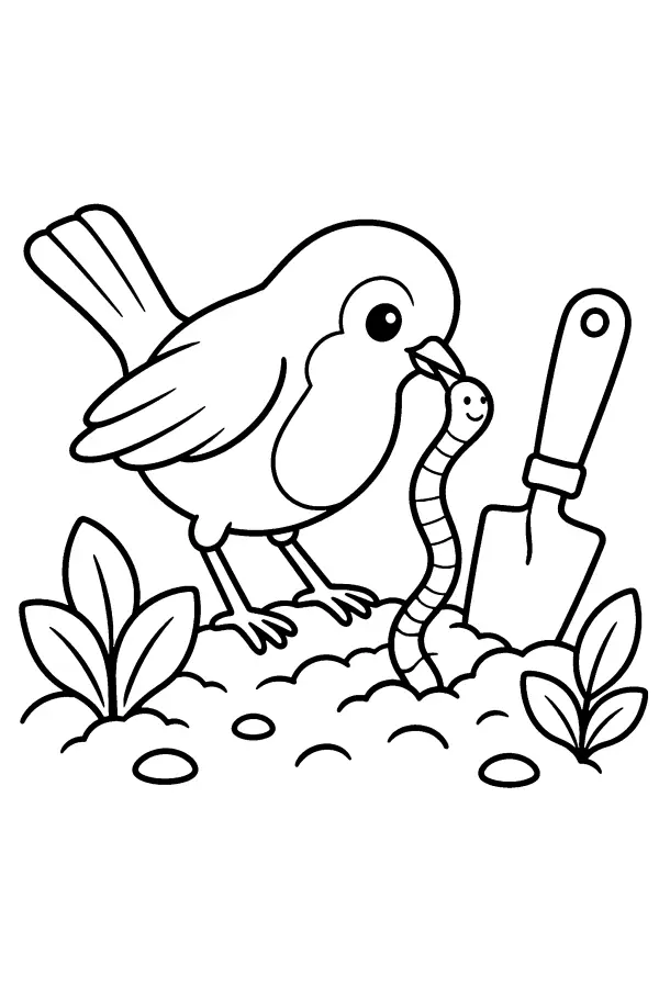 Dessin à colorier de rouge-gorge de printemps au jardin