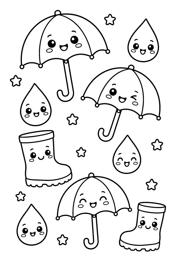 Dessin à colorier de motifs pluvieux de printemps