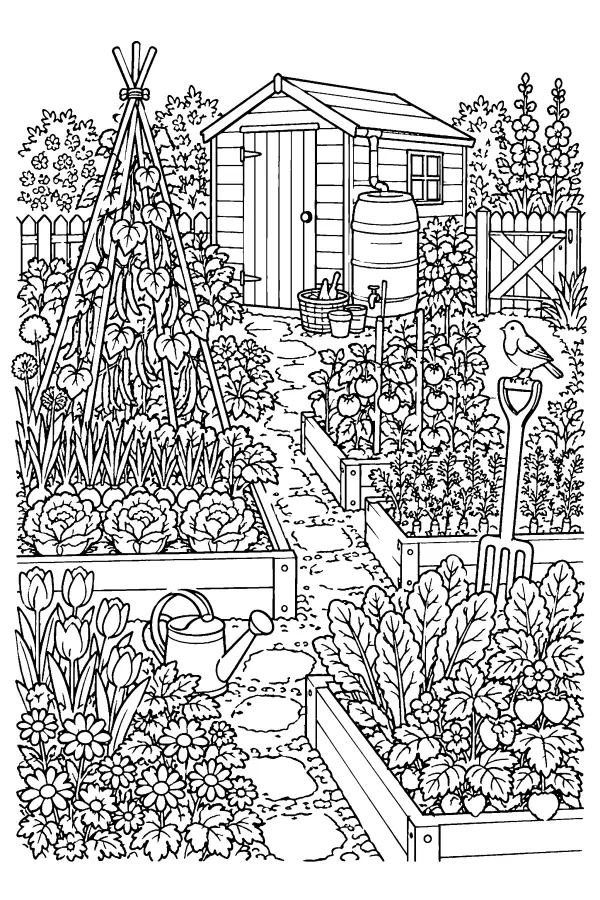 Dessin à colorier de jardin ouvrier de printemps
