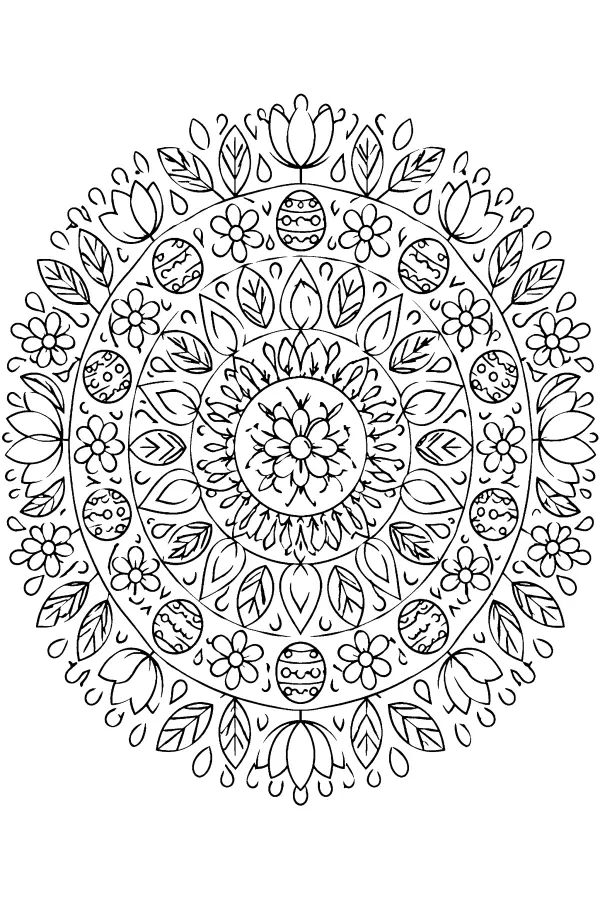 Coloriage détaillé de mandala de printemps aux œufs