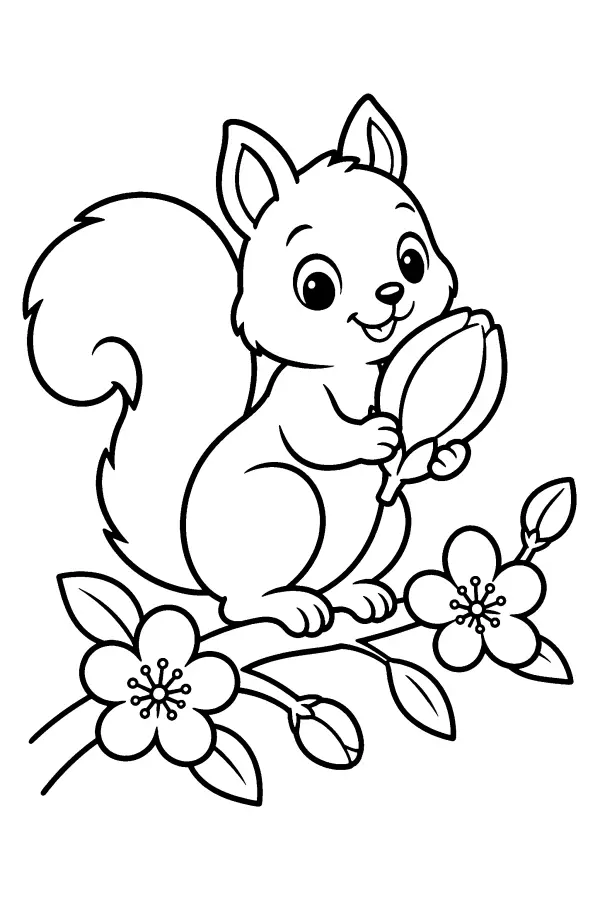 Dessin à colorier d’écureuil de printemps sur branche fleurie