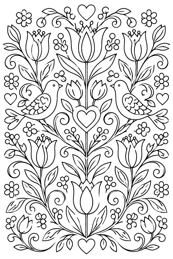 Coloriage de jardin de tulipes de printemps symétrique