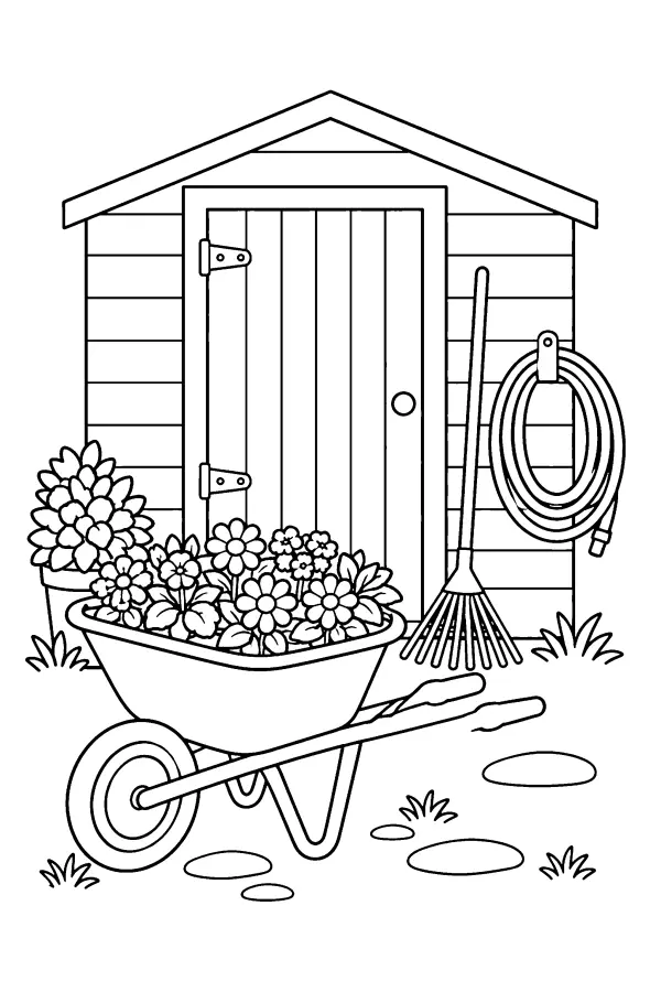Coloriage de brouette de jardin de printemps