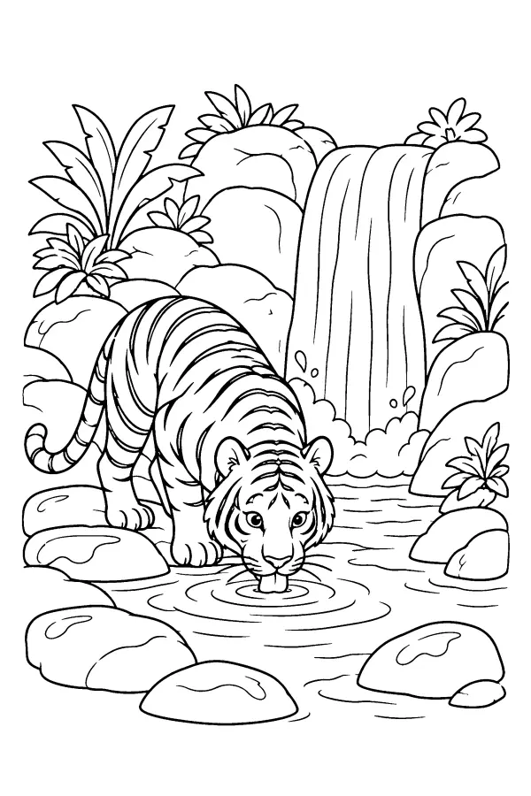 Tiger By Waterfall