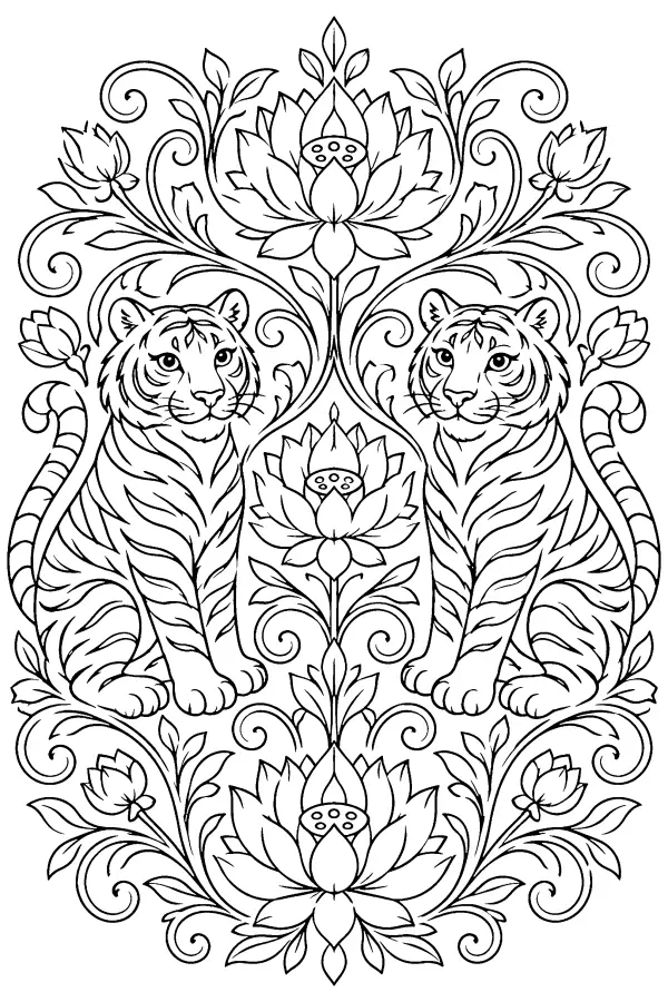 Twin Tigers And Lotus