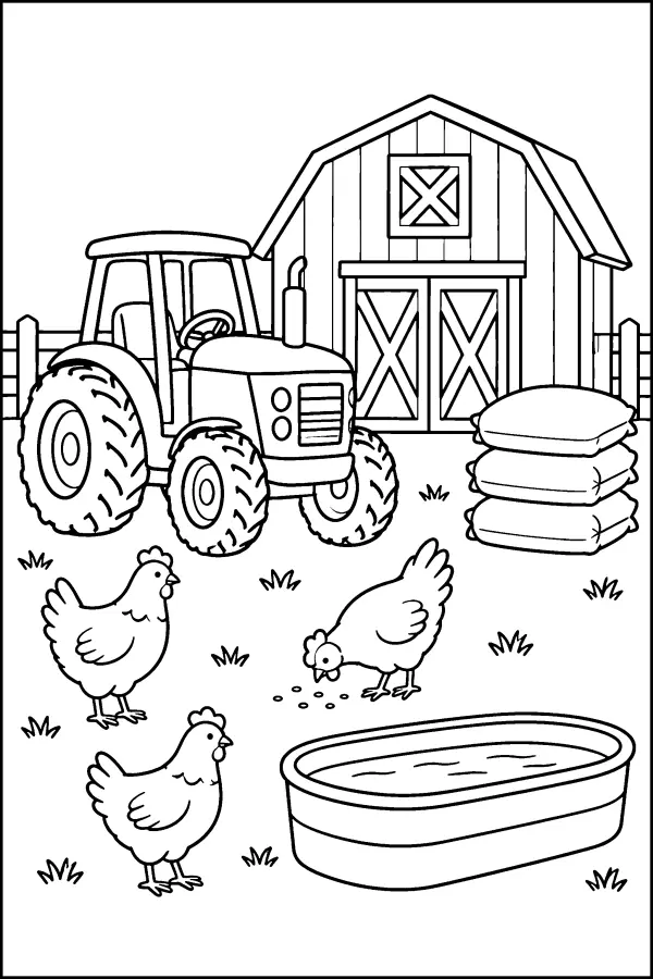 Coloriage d’un tracteur dans la cour de ferme