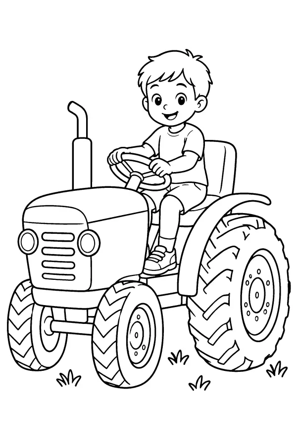 Coloriage d’un enfant assis sur un tracteur