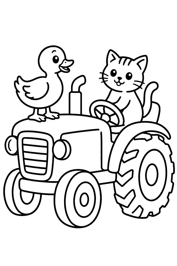 Coloriage d’un tracteur avec canard et chat