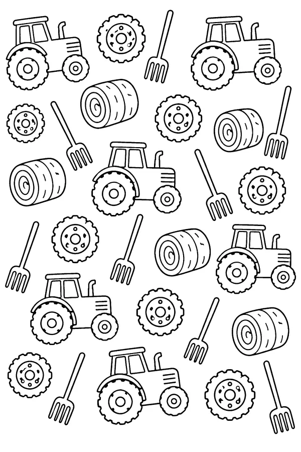 Coloriage motif de tracteurs et d’outils de ferme