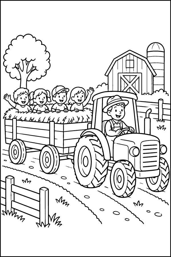 Coloriage d’un tracteur tirant une charrette d’enfants