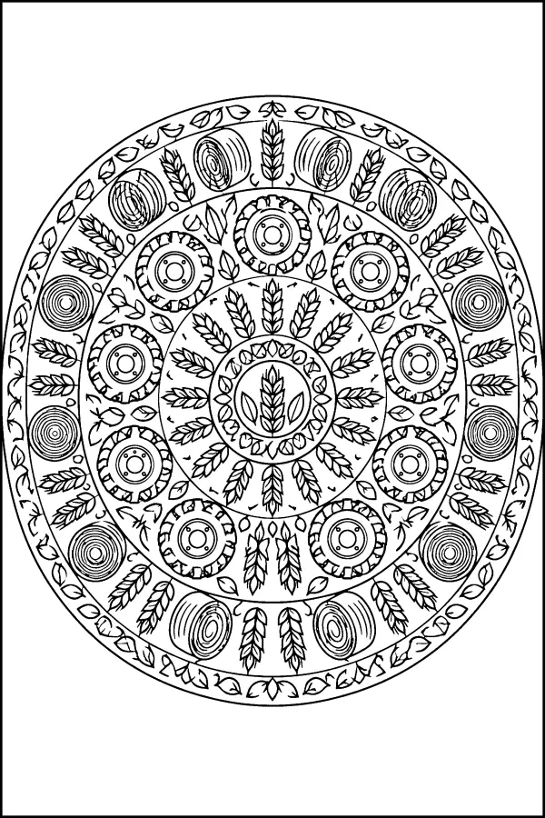 Coloriage détaillé mandala de roues de tracteur