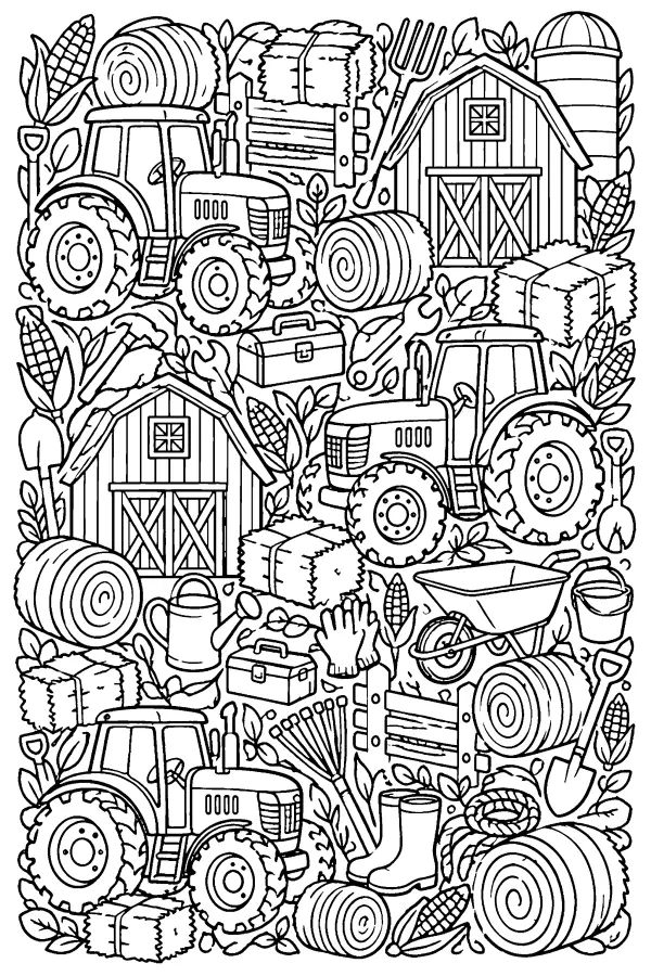 Coloriage détaillé motif de ferme et de tracteurs