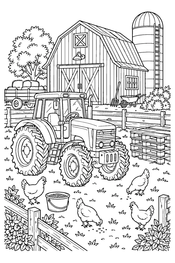 Coloriage détaillé d’un tracteur dans la basse-cour
