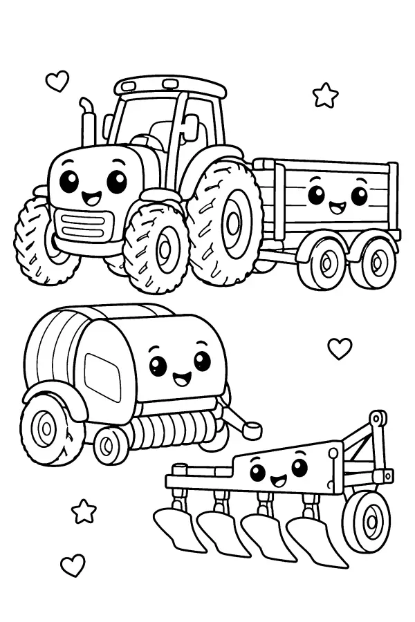 Coloriage de machines de ferme dont un tracteur souriant