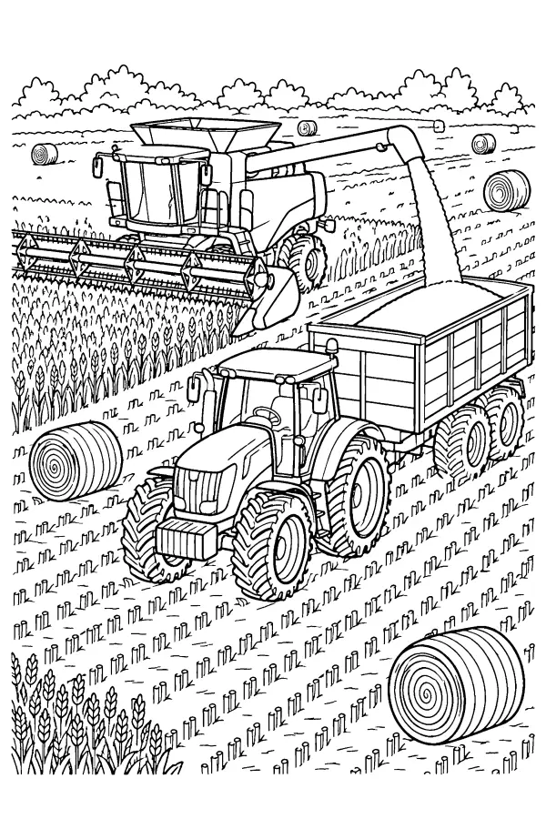 Coloriage détaillé d’un tracteur à la moisson