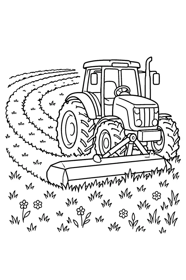 Dessin à colorier d’un tracteur fauchant la prairie