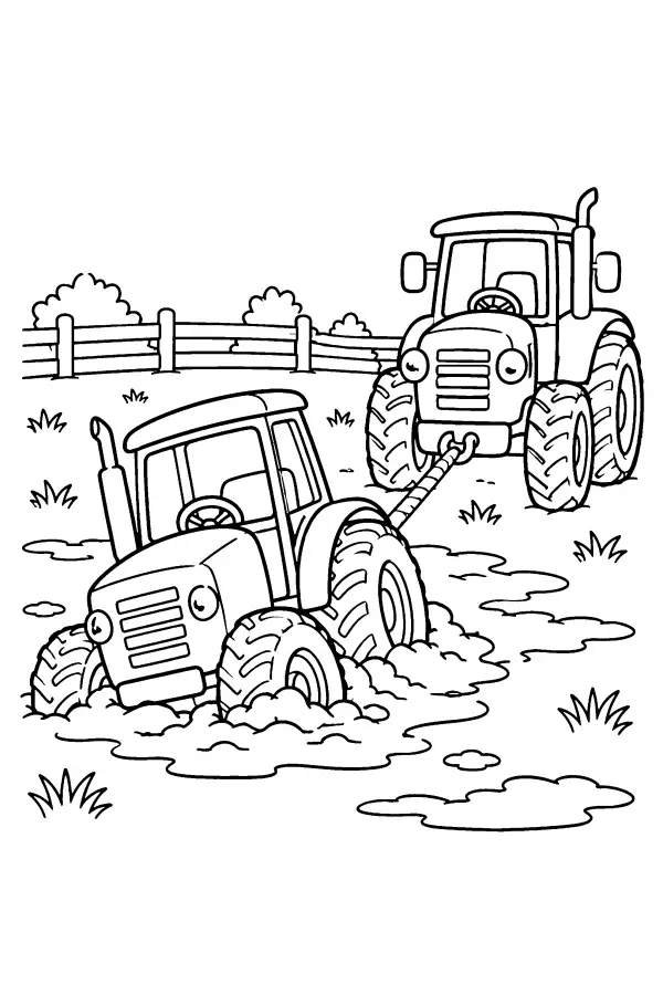 Coloriage de deux tracteurs en remorquage dans la boue