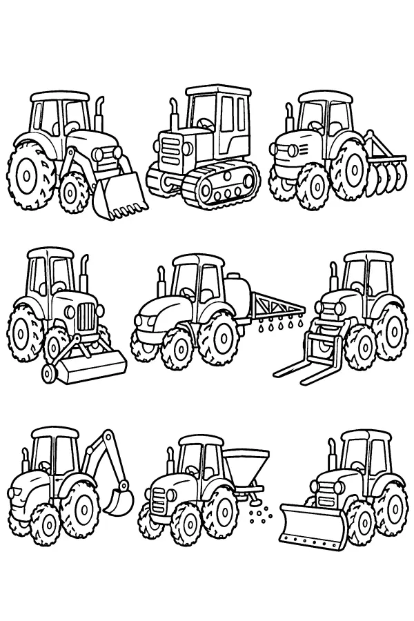 Dessin à colorier d’une grille de neuf tracteurs
