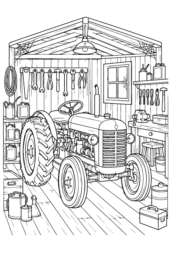Coloriage détaillé d’un vieux tracteur dans un hangar