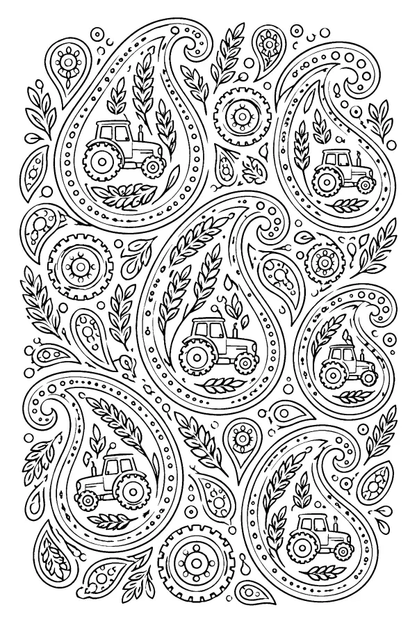 Coloriage détaillé motifs paisley tracteur et blé