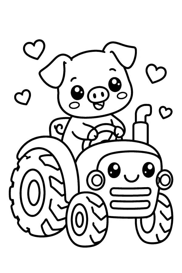 Dessin à colorier d’un cochonnet sur un tracteur