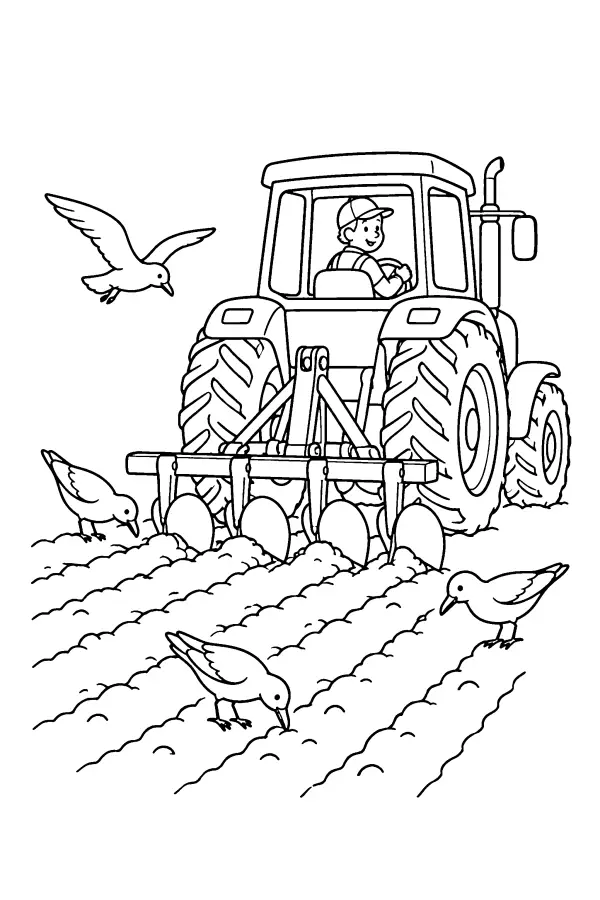 Coloriage d’un tracteur qui laboure un champ