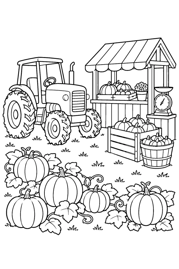 Dessin à colorier d’un tracteur près d’un stand de citrouilles