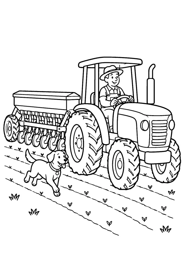 Coloriage d’un tracteur tirant un semoir